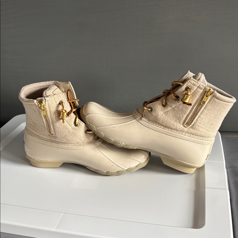 Sperry Duck Boots Womens Sz 10 Beige Canvas Rubber Rain/Snow Lace Up Waterproof - Picture 7 of 9